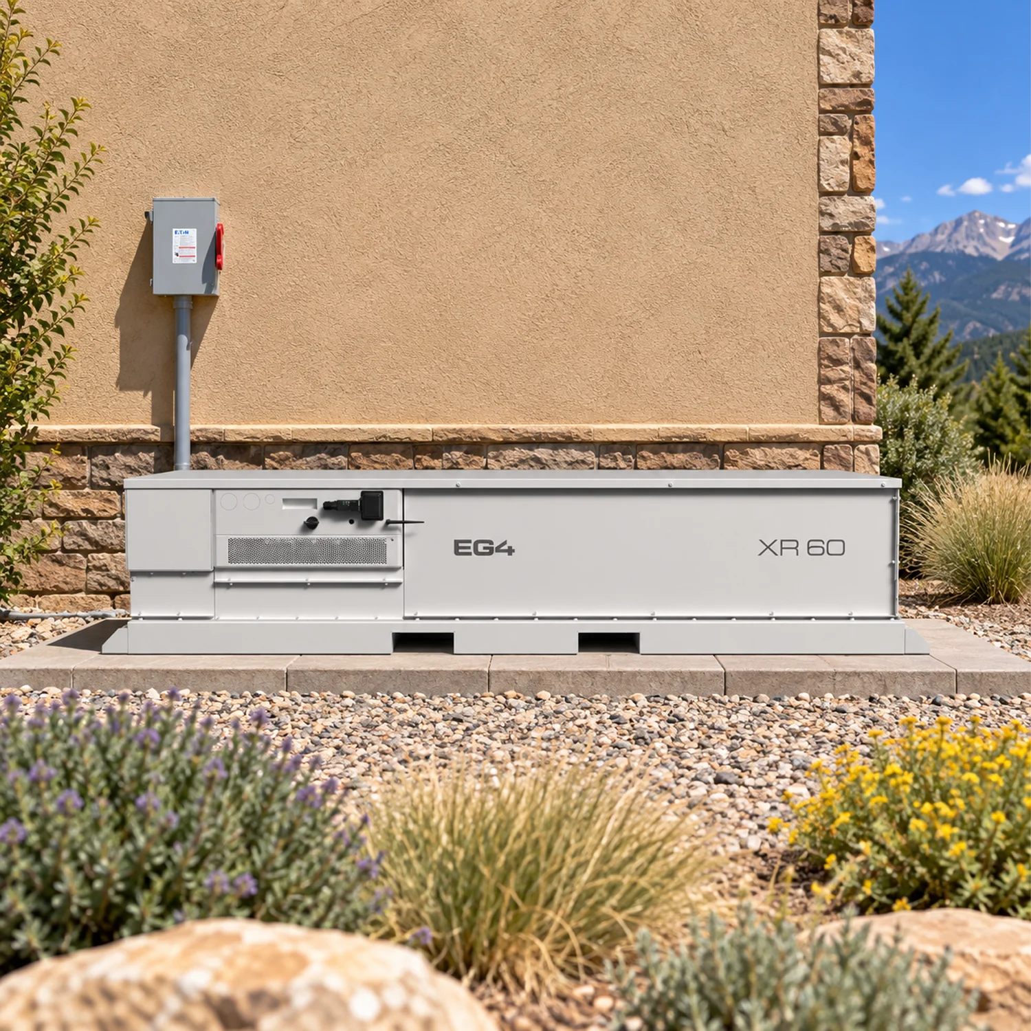 An Emporia home battery installed outdoors beside a house, about the size of two HVAC units
