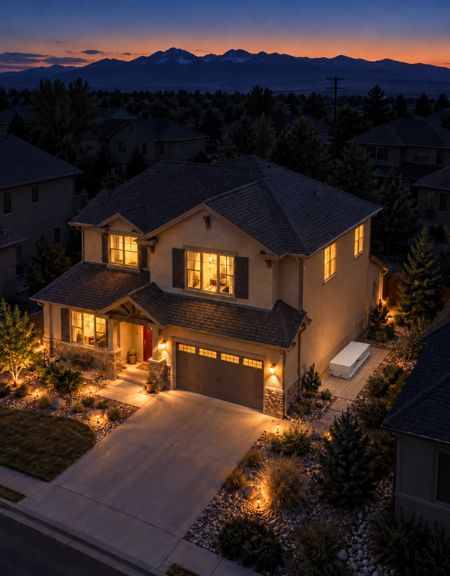 A Colorado home with lights on and an Emporia home battery installed outdoors during an outage