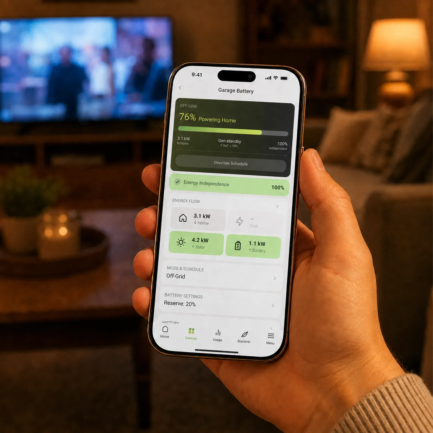 The Emporia app showing the battery powering a home during peak hours