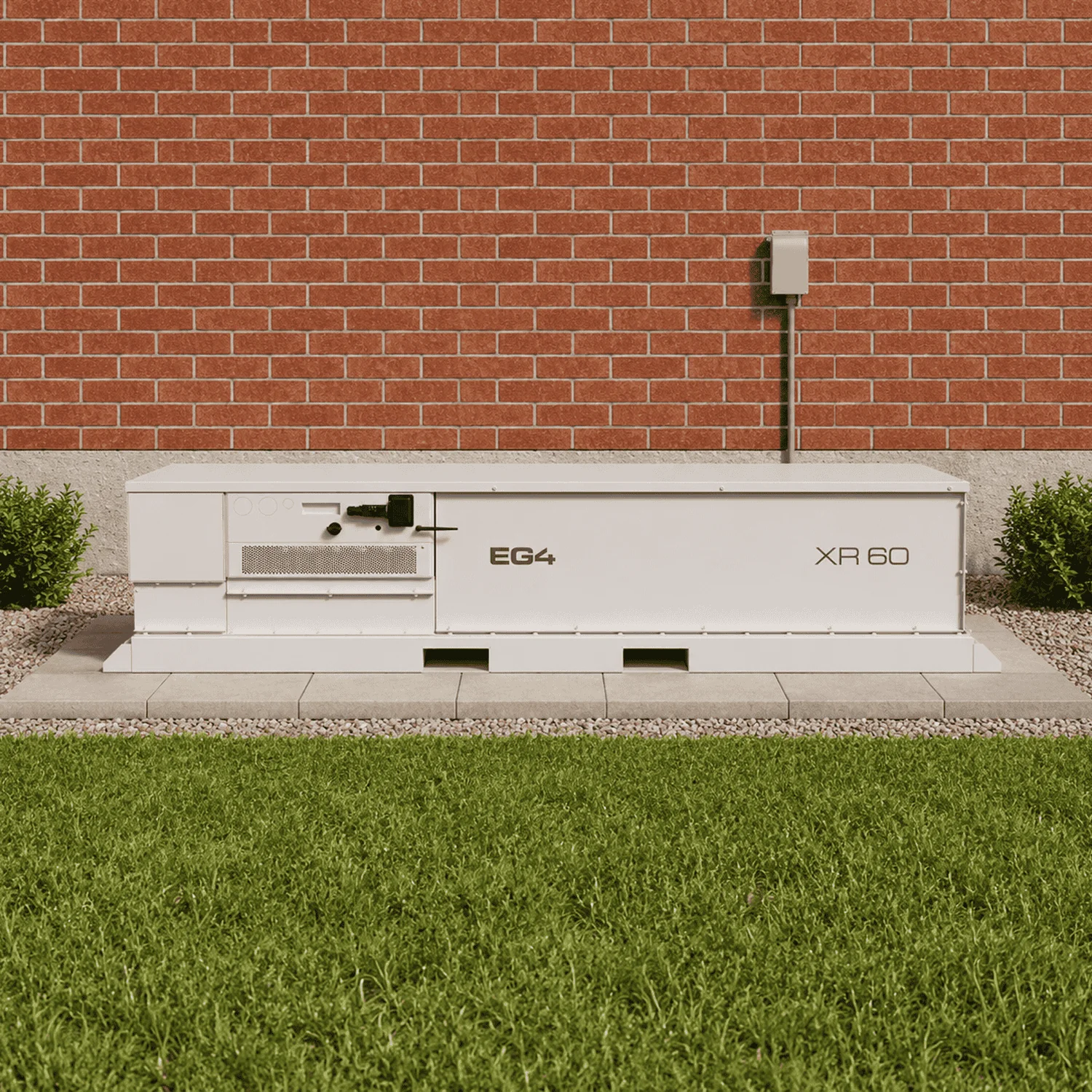 An Emporia home battery installed outdoors beside a house, about the size of two HVAC units