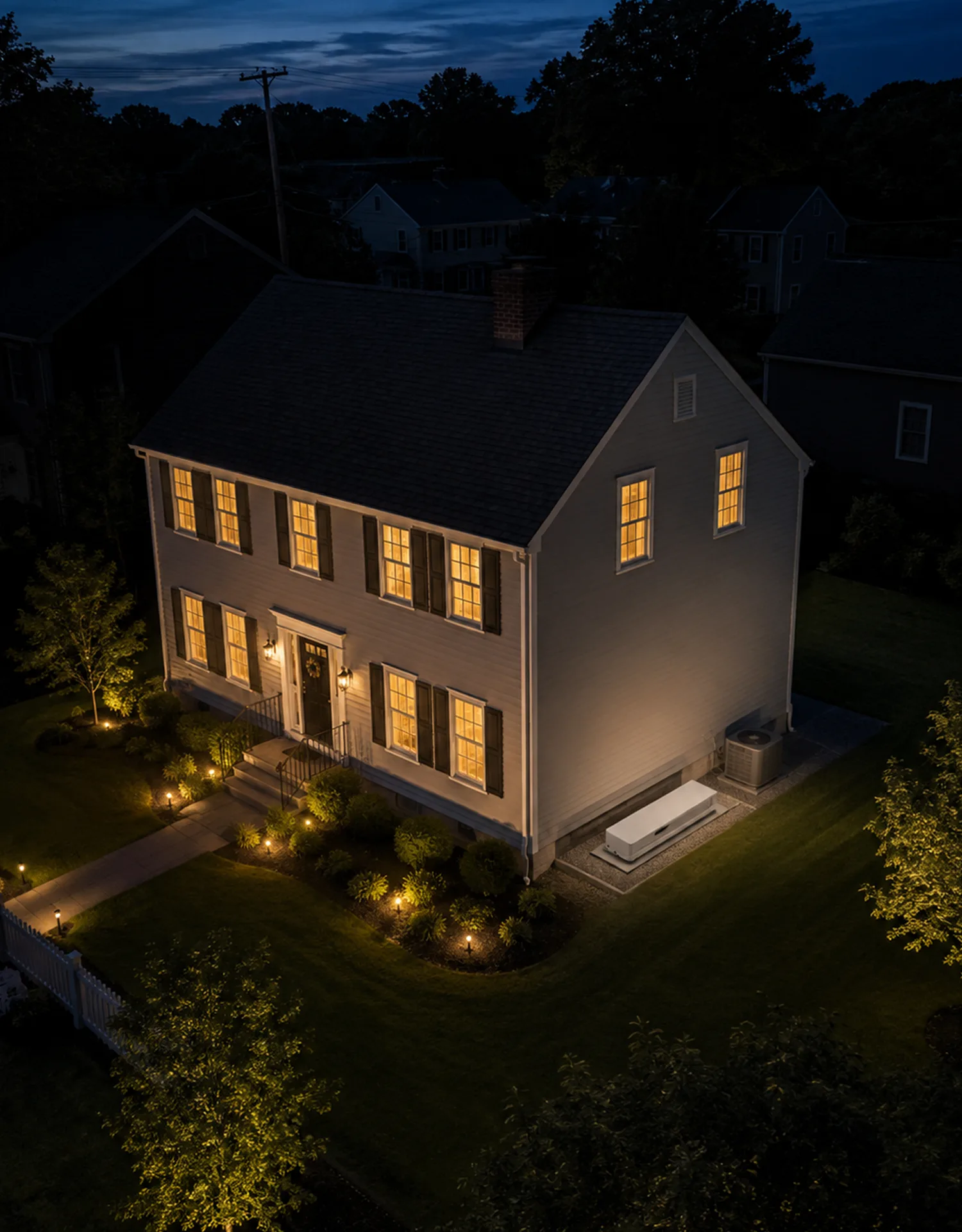 A neighborhood street at night with house lights still on during an outage