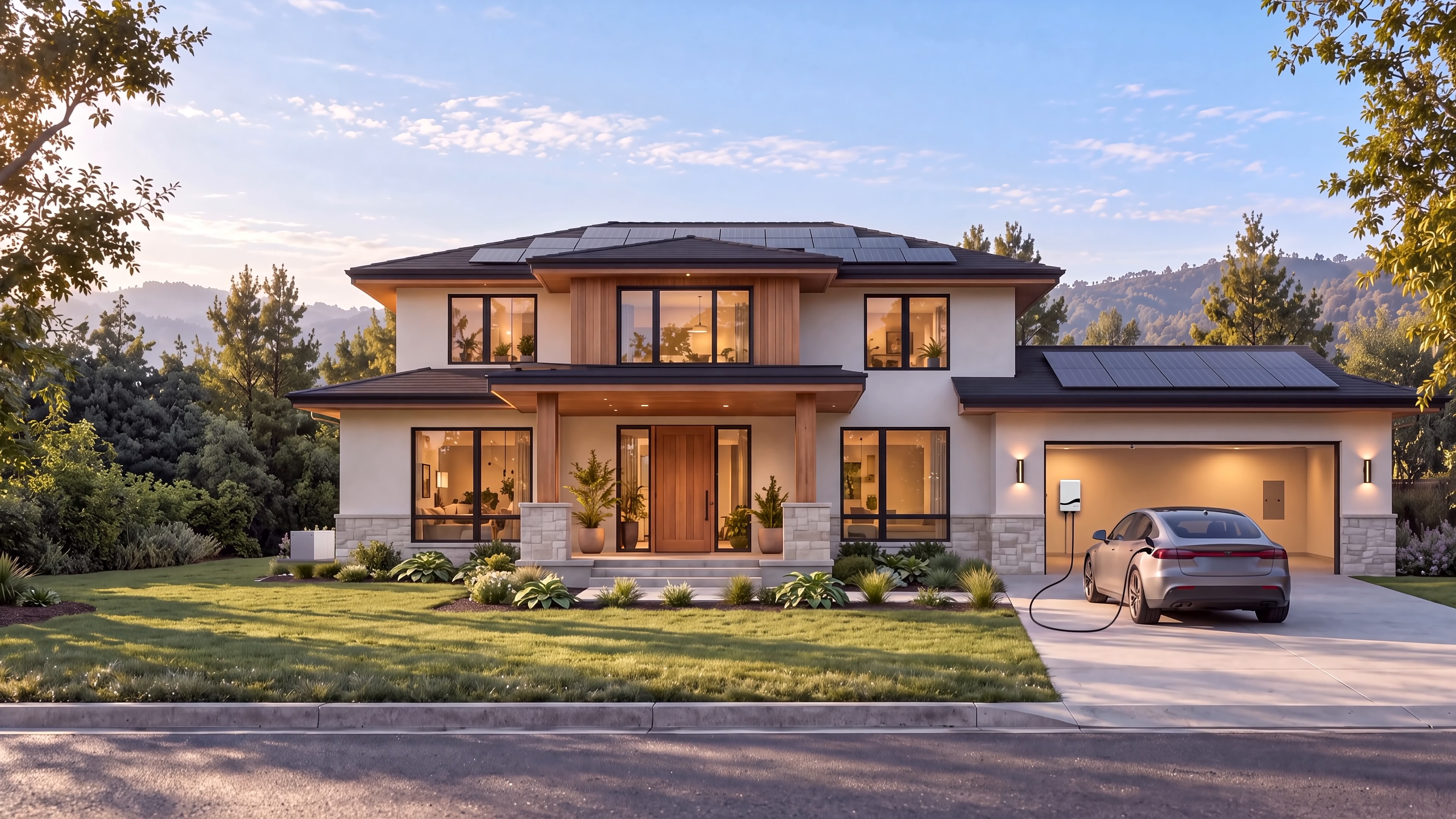 Warmly lit modern home with solar panels, a Pro charger inside the garage, and a parked electric car